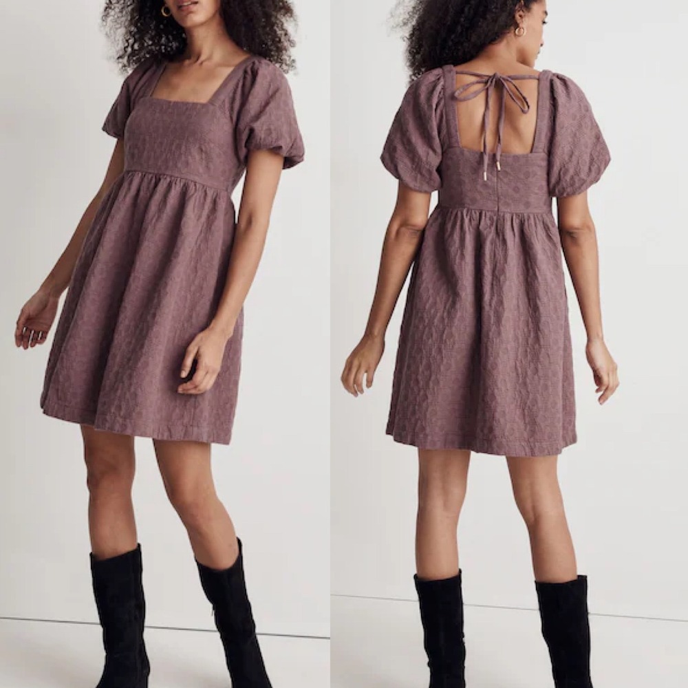 Madewell Floral Quilted Puff-Sleeve Mini Dress Small Fig NI646 Square Neck Boho
